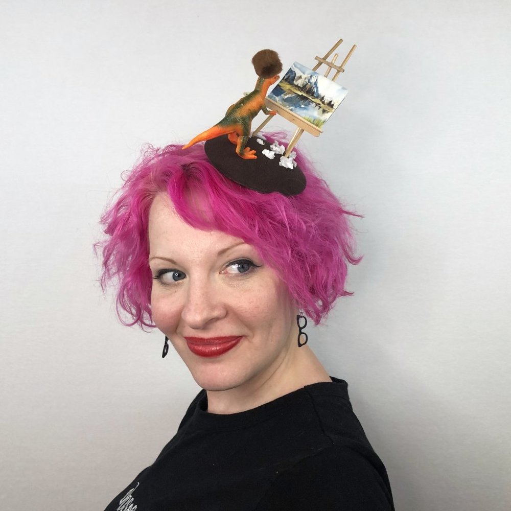 Bob Ross-asaur Artist Dinosaur Fascinator, Art Hat